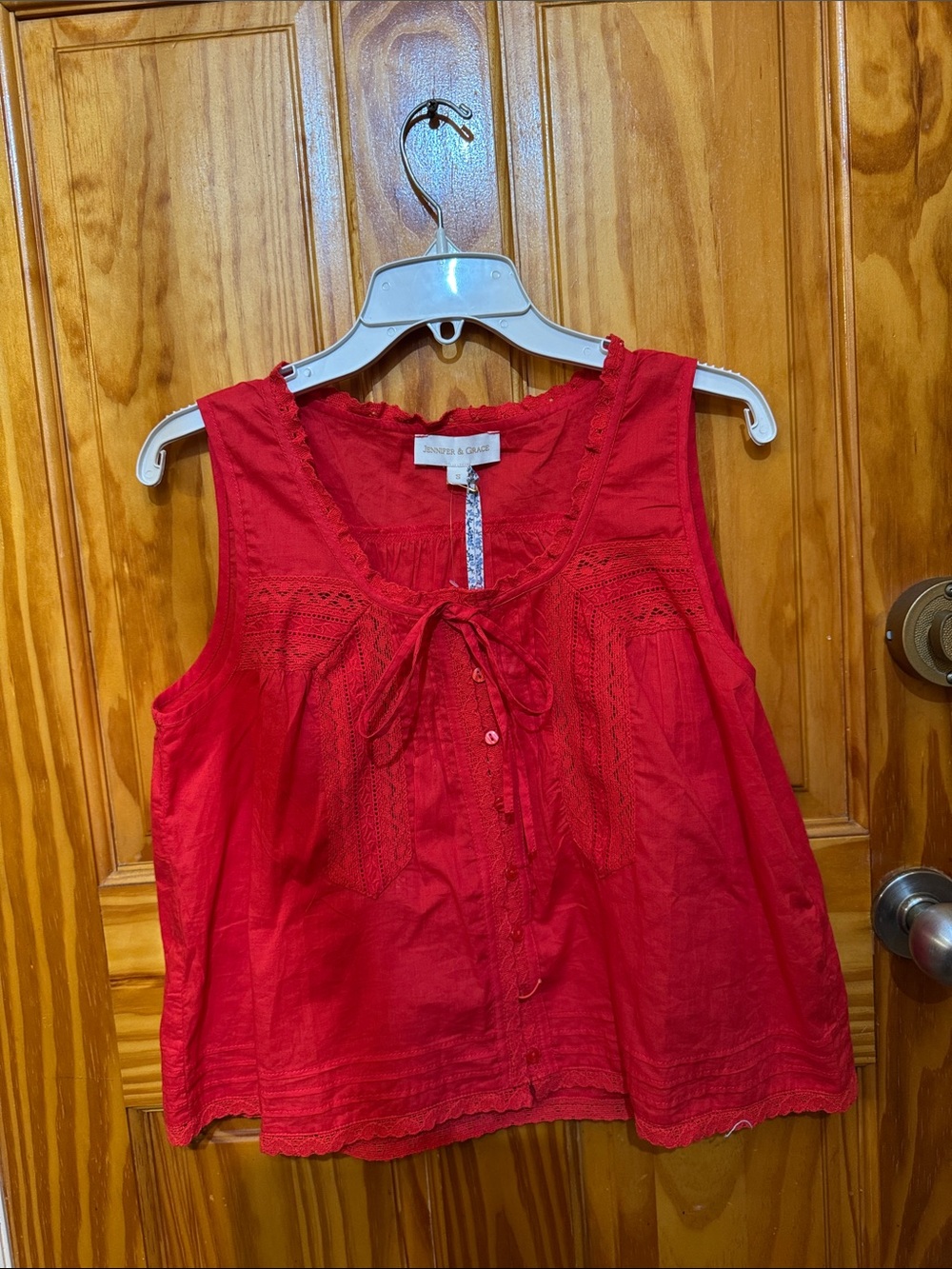Tie-Front Red Cotton Camisole with Lace Trim. XS and M also available